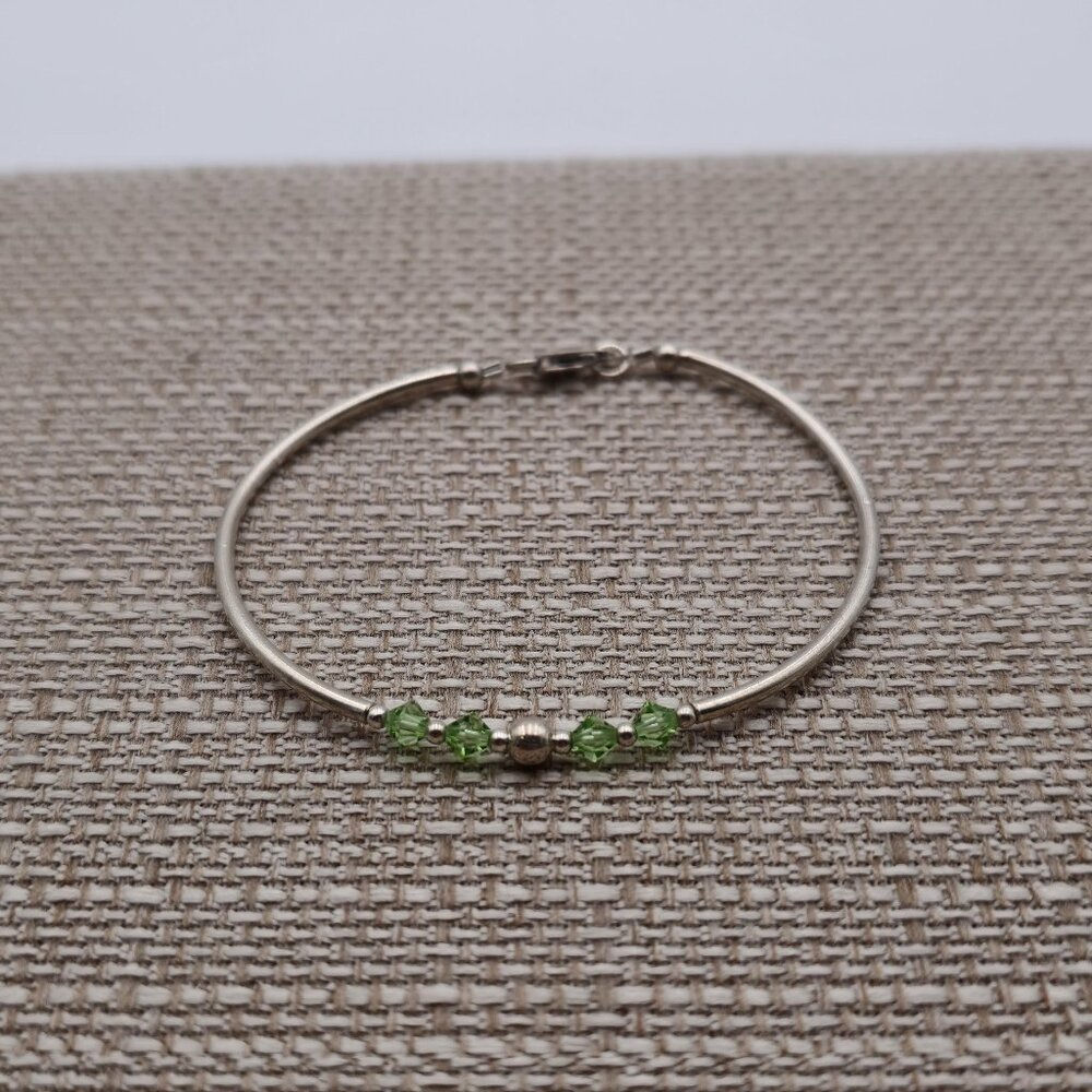 6 Inch Sterling Silver Green Crystal Unique Bracelet B393